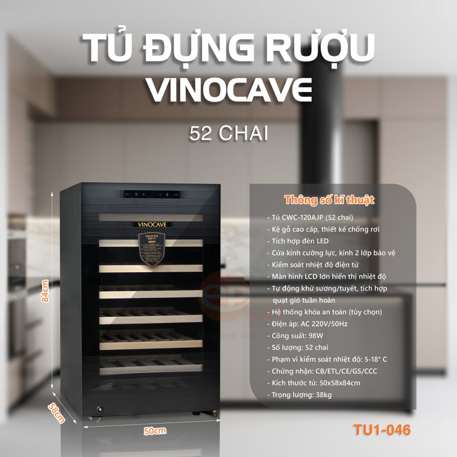 Tủ Rượu Vang Vinocave 52 Chai Máy Nén CWC-120A 
